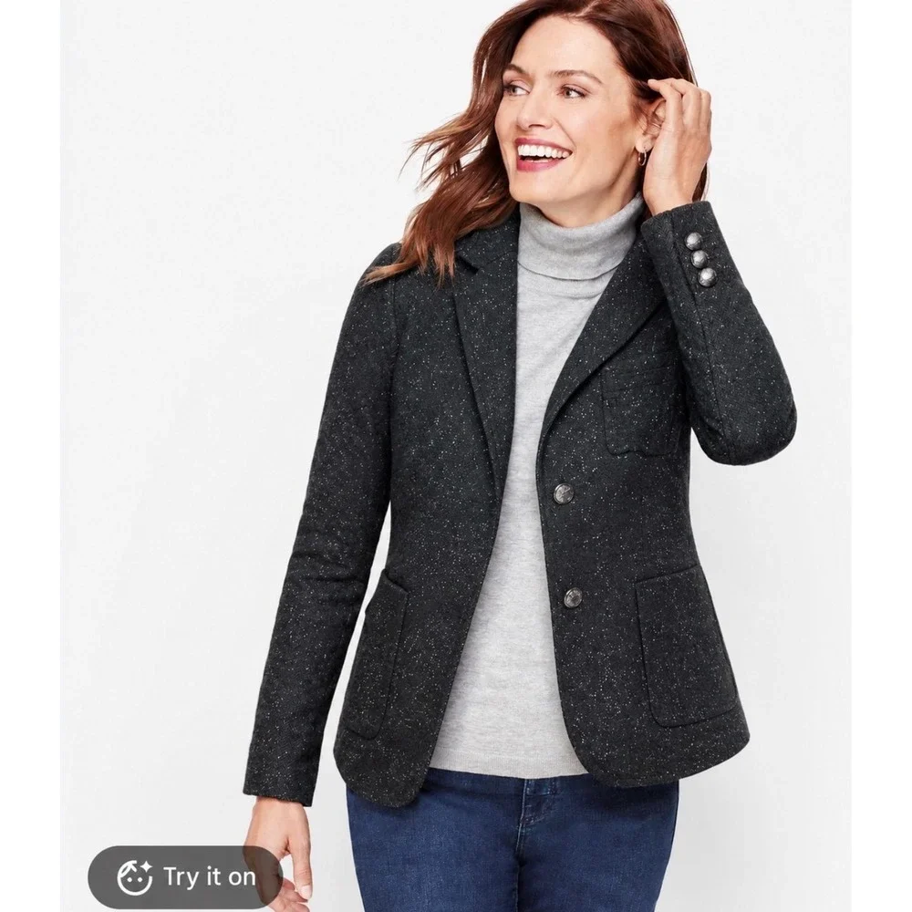 Talbots Womens 16 Black Wool Silk Blend Speckled Flecked 2-Button Blazer Jacket